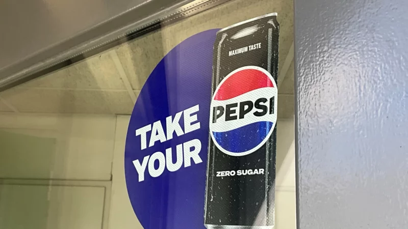 Easy Dot raamsticker met Pepsi reclame, geplakt aan de binnenkant van een raam en leesbaar vanaf buiten.