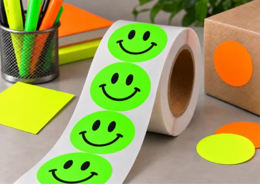 Rollen fluorescerende stickers met zwarte bedrukking in verschillende neonkleuren.
