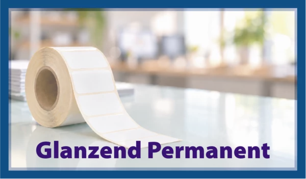 Rol witte papieren etiketten met blauw kader en de tekst Glanzend Permanent
